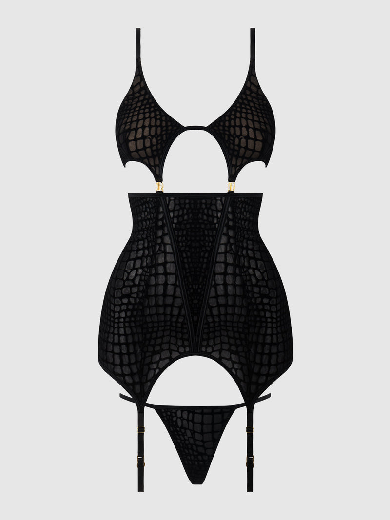 Snake Velvet Burnout Mesh Chemise Set Black