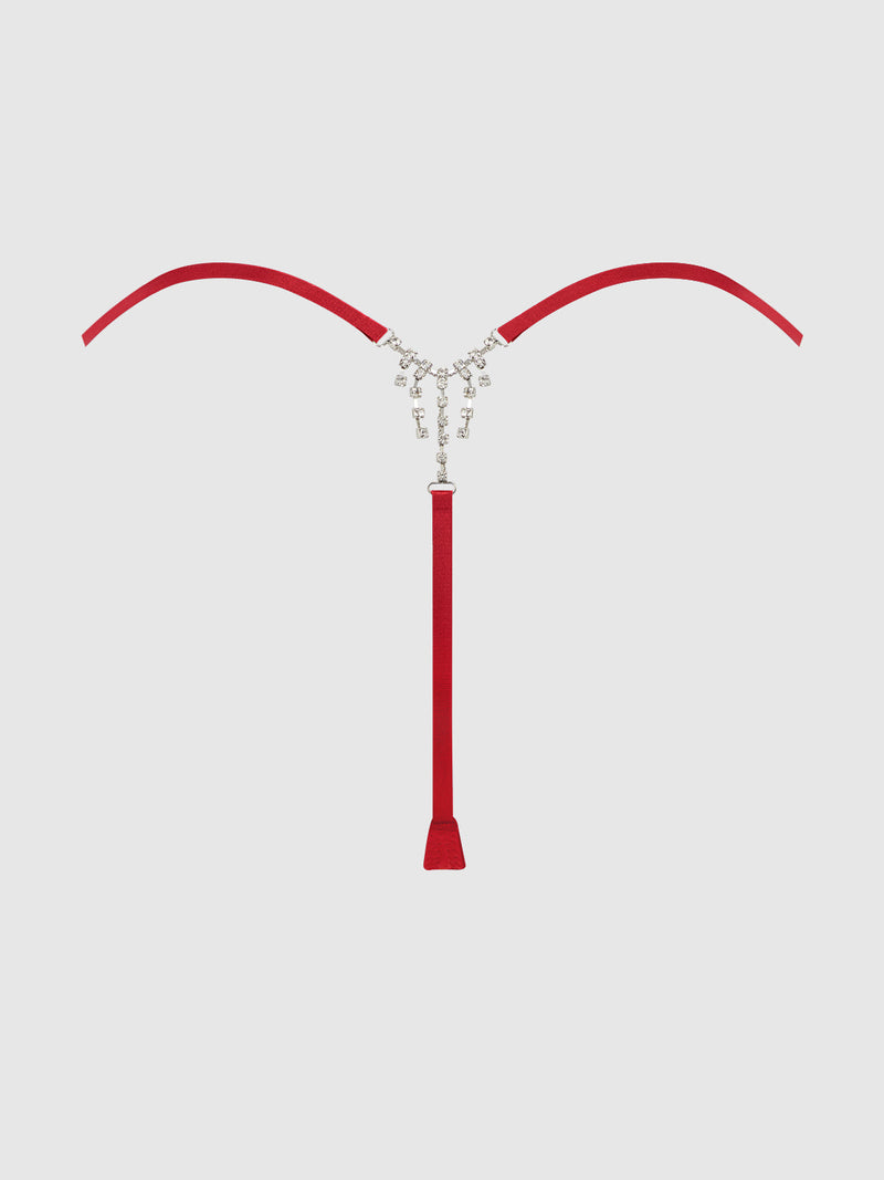 Krystal Satin G-String Rhinestone Fringes On Back Red