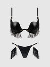Phoenix Faux Leather & Fringe Push Up Bra & Thong Set Black