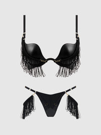 Phoenix Faux Leather & Fringe Push Up Bra & Thong Set Black