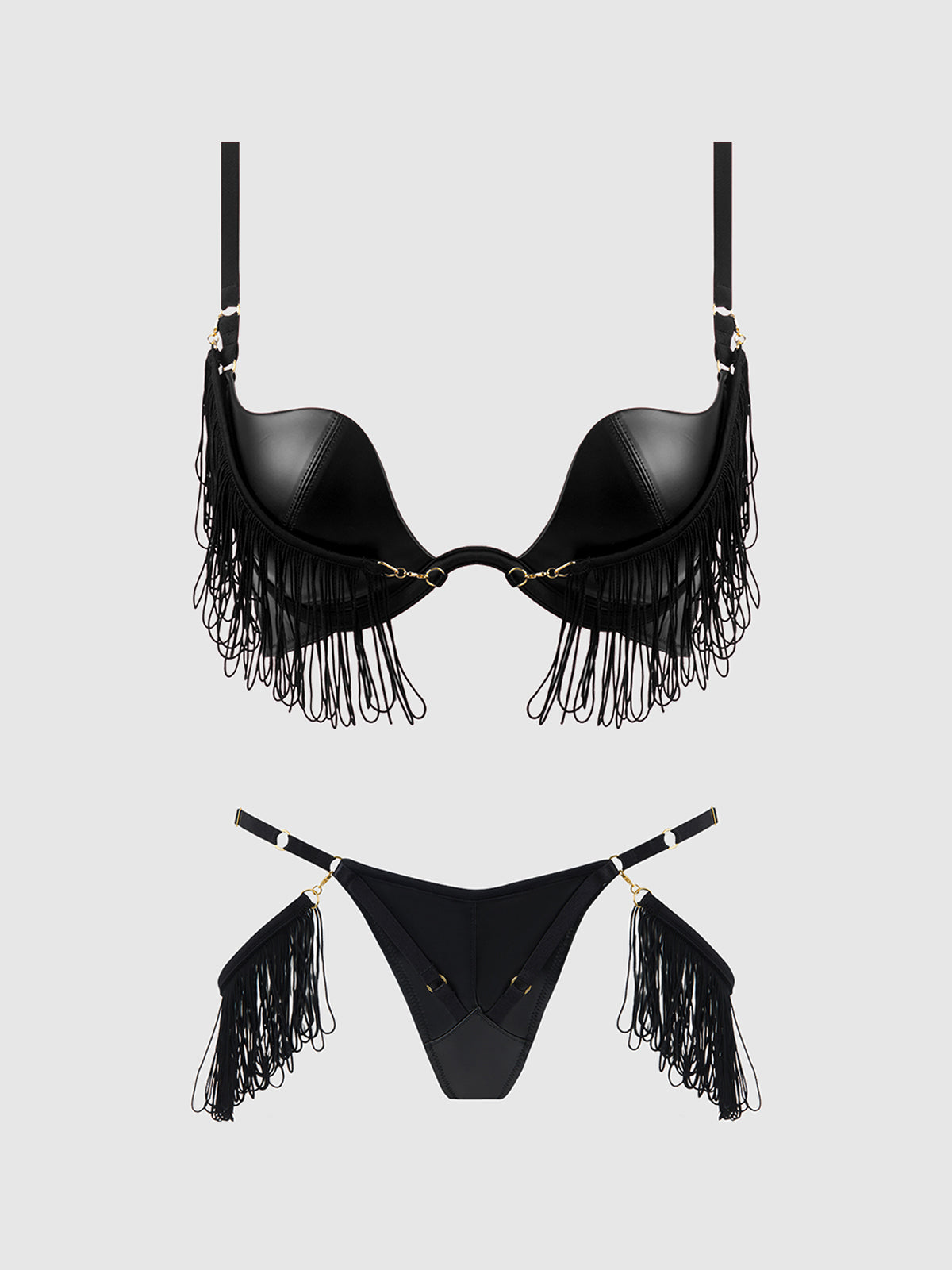 Phoenix Faux Leather & Fringe Push Up Bra & Thong Set Black