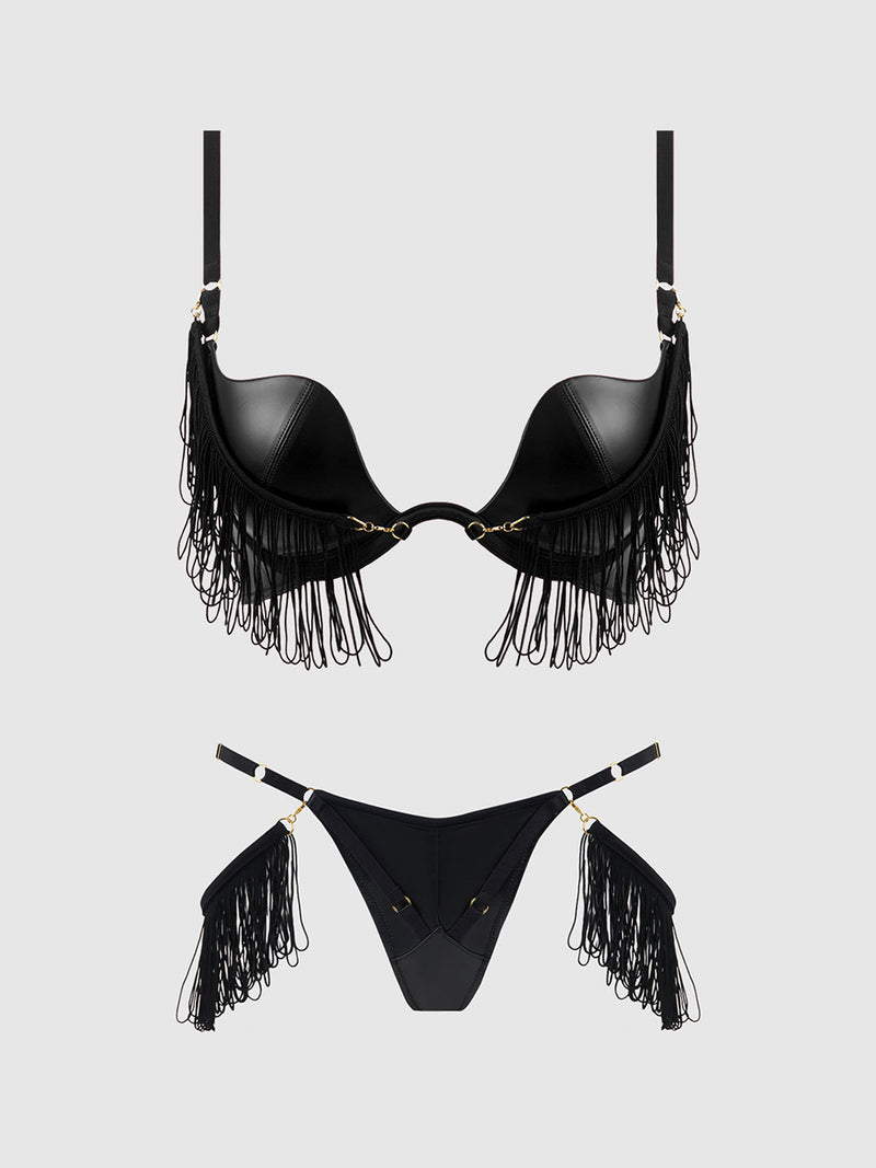 Phoenix Faux Leather & Fringe Push Up Bra & Thong Set Black