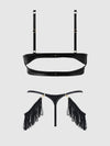 Phoenix Faux Leather & Fringe Push Up Bra & Thong Set Black