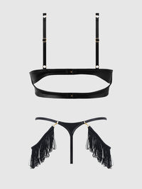 Phoenix Faux Leather & Fringe Push Up Bra & Thong Set Black