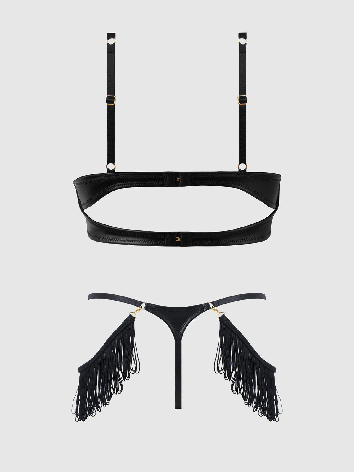 Phoenix Faux Leather & Fringe Push Up Bra & Thong Set Black