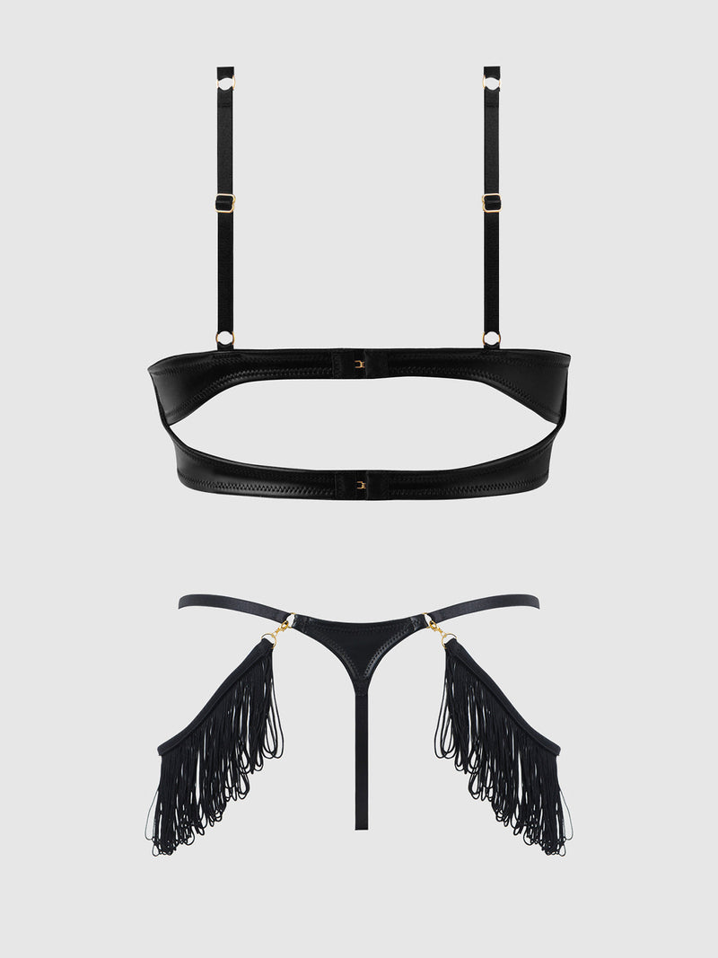 Phoenix Faux Leather & Fringe Push Up Bra & Thong Set Black