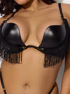 Phoenix Faux Leather & Fringe Push Up Bra & Thong Set Black