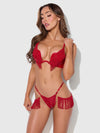 Phoenix Faux Leather & Fringe Push Up Bra & Thong Set Crimson Red