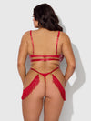 Phoenix Faux Leather & Fringe Push Up Bra & Thong Set Crimson Red