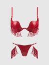 Phoenix Faux Leather & Fringe Push Up Bra & Thong Set Crimson Red