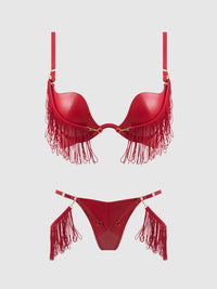 Phoenix Faux Leather & Fringe Push Up Bra & Thong Set Crimson Red