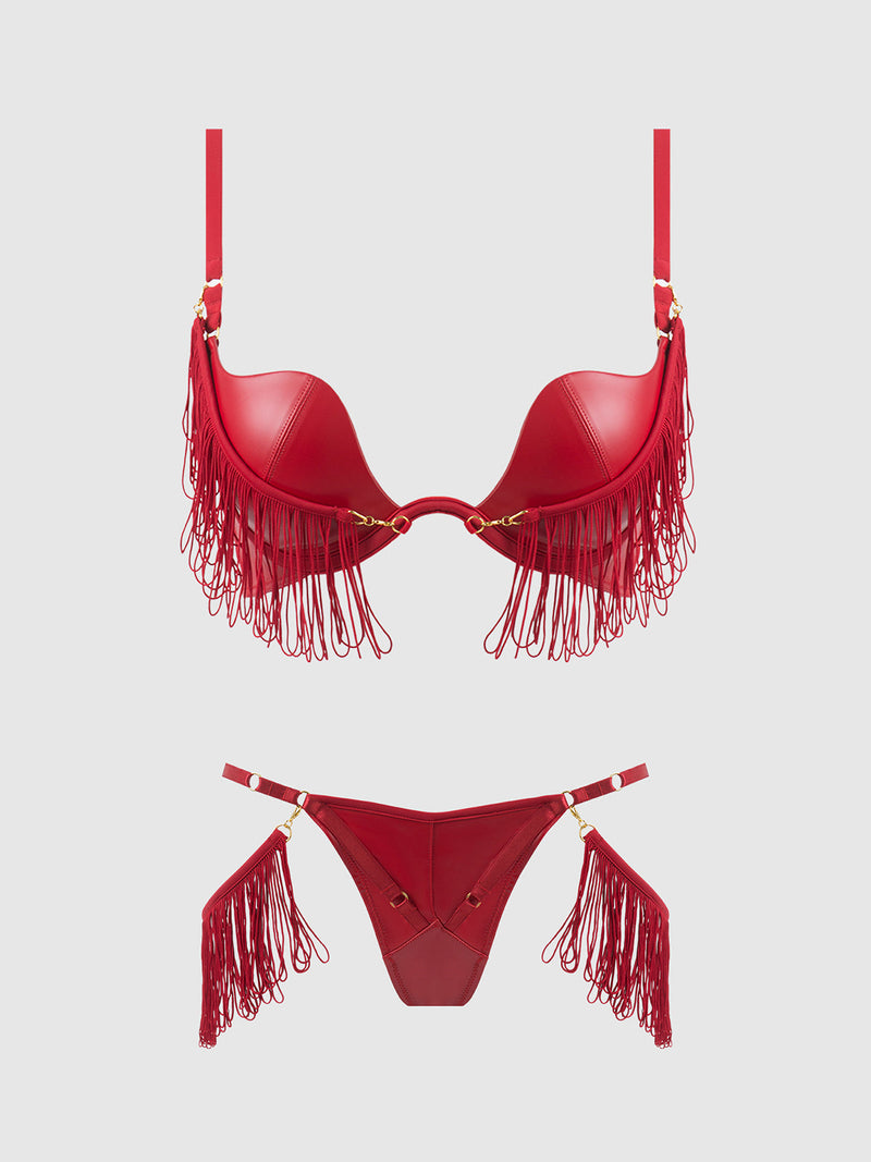 Phoenix Faux Leather & Fringe Push Up Bra & Thong Set Crimson Red