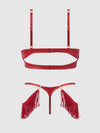 Phoenix Faux Leather & Fringe Push Up Bra & Thong Set Crimson Red