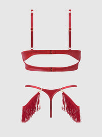 Phoenix Faux Leather & Fringe Push Up Bra & Thong Set Crimson Red