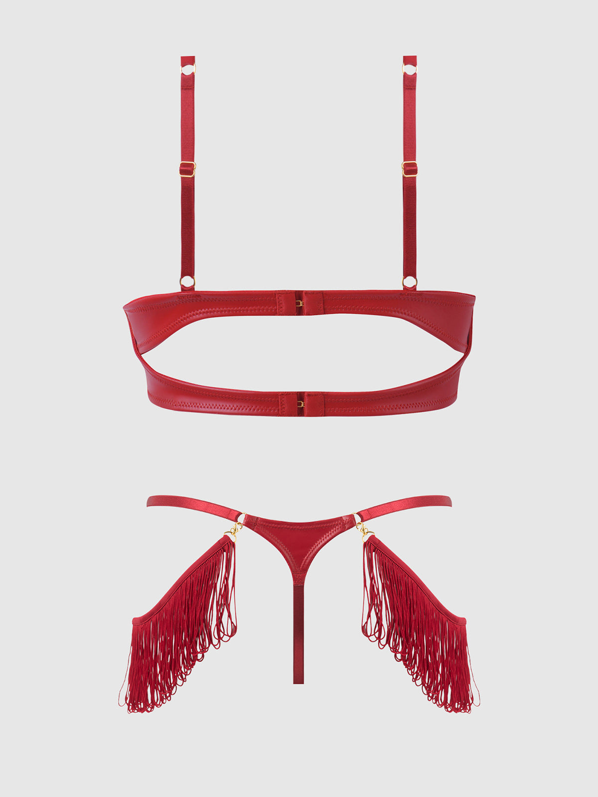 Phoenix Faux Leather & Fringe Push Up Bra & Thong Set Crimson Red