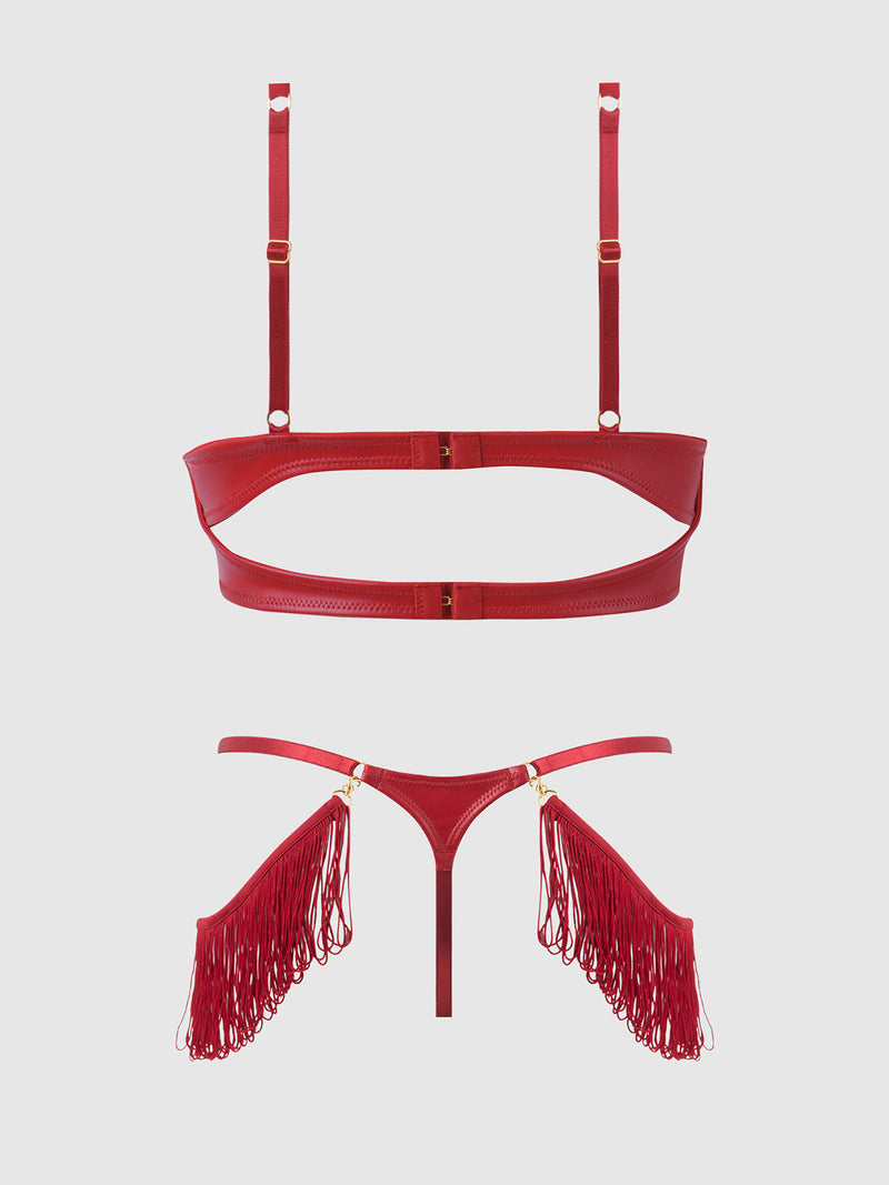 Phoenix Faux Leather & Fringe Push Up Bra & Thong Set Crimson Red