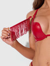 Phoenix Faux Leather & Fringe Push Up Bra & Thong Set Crimson Red