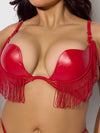 Phoenix Faux Leather & Fringe Push Up Bra & Thong Set Crimson Red