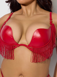Phoenix Faux Leather & Fringe Push Up Bra & Thong Set Crimson Red