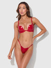 Phoenix Faux Leather & Fringe Push Up Bra & Thong Set Crimson Red