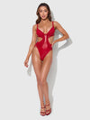 Phoenix Faux Leather & Fringe Crotchless Teddy Crimson Red