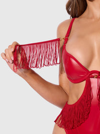 Phoenix Faux Leather & Fringe Crotchless Teddy Crimson Red