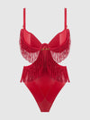 Phoenix Faux Leather & Fringe Crotchless Teddy Crimson Red