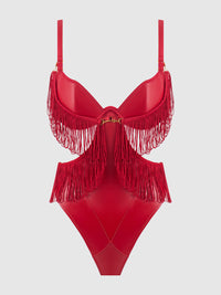 Phoenix Faux Leather & Fringe Crotchless Teddy Crimson Red