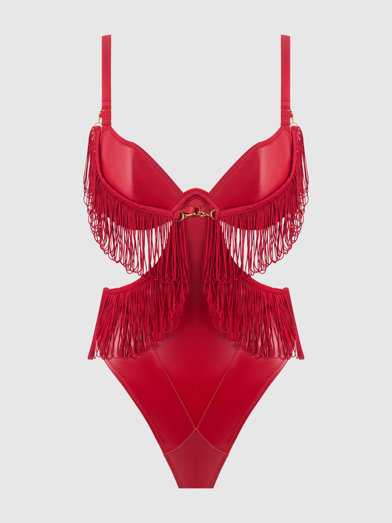 Phoenix Faux Leather & Fringe Crotchless Teddy Crimson Red