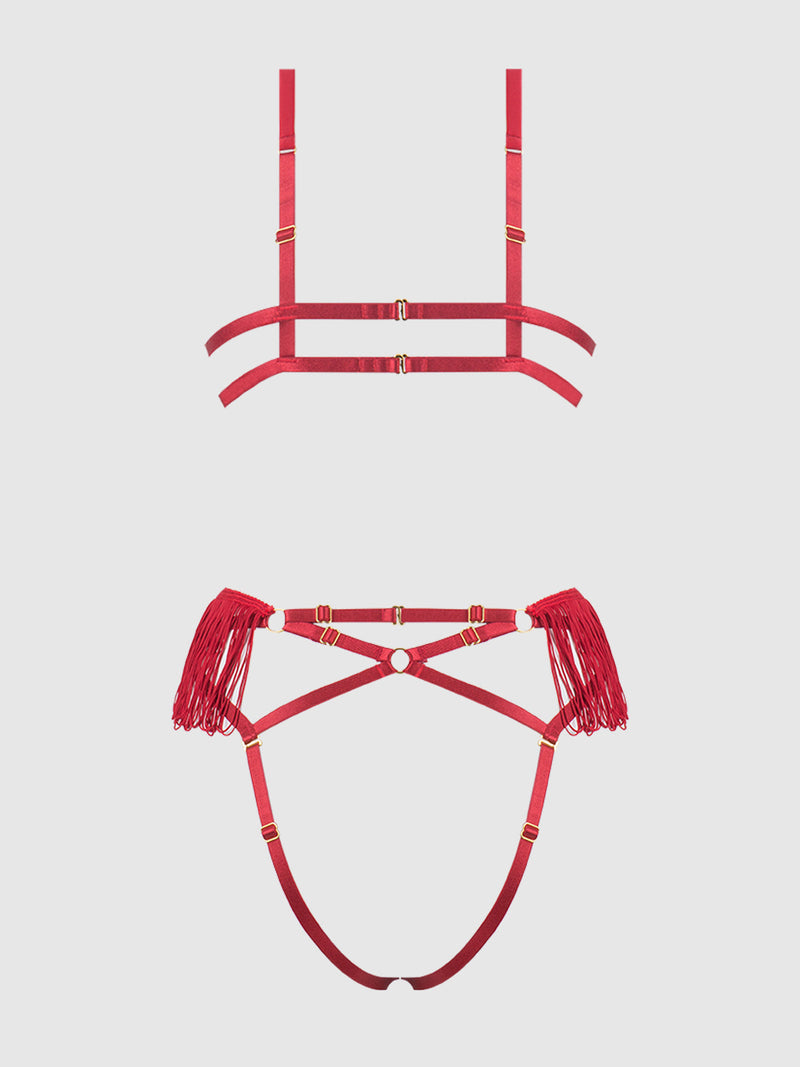 Phoenix Faux Leather & Fringe Crotchless Teddy Crimson Red