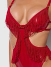 Phoenix Faux Leather & Fringe Crotchless Teddy Crimson Red