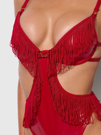 Phoenix Faux Leather & Fringe Crotchless Teddy Crimson Red