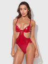 Phoenix Faux Leather & Fringe Crotchless Teddy Crimson Red
