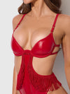 Phoenix Faux Leather & Fringe Crotchless Teddy Crimson Red