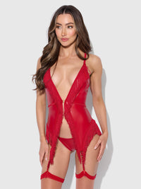 Phoenix Faux Leather & Fringe Chemise & G-String Set Crimson Red