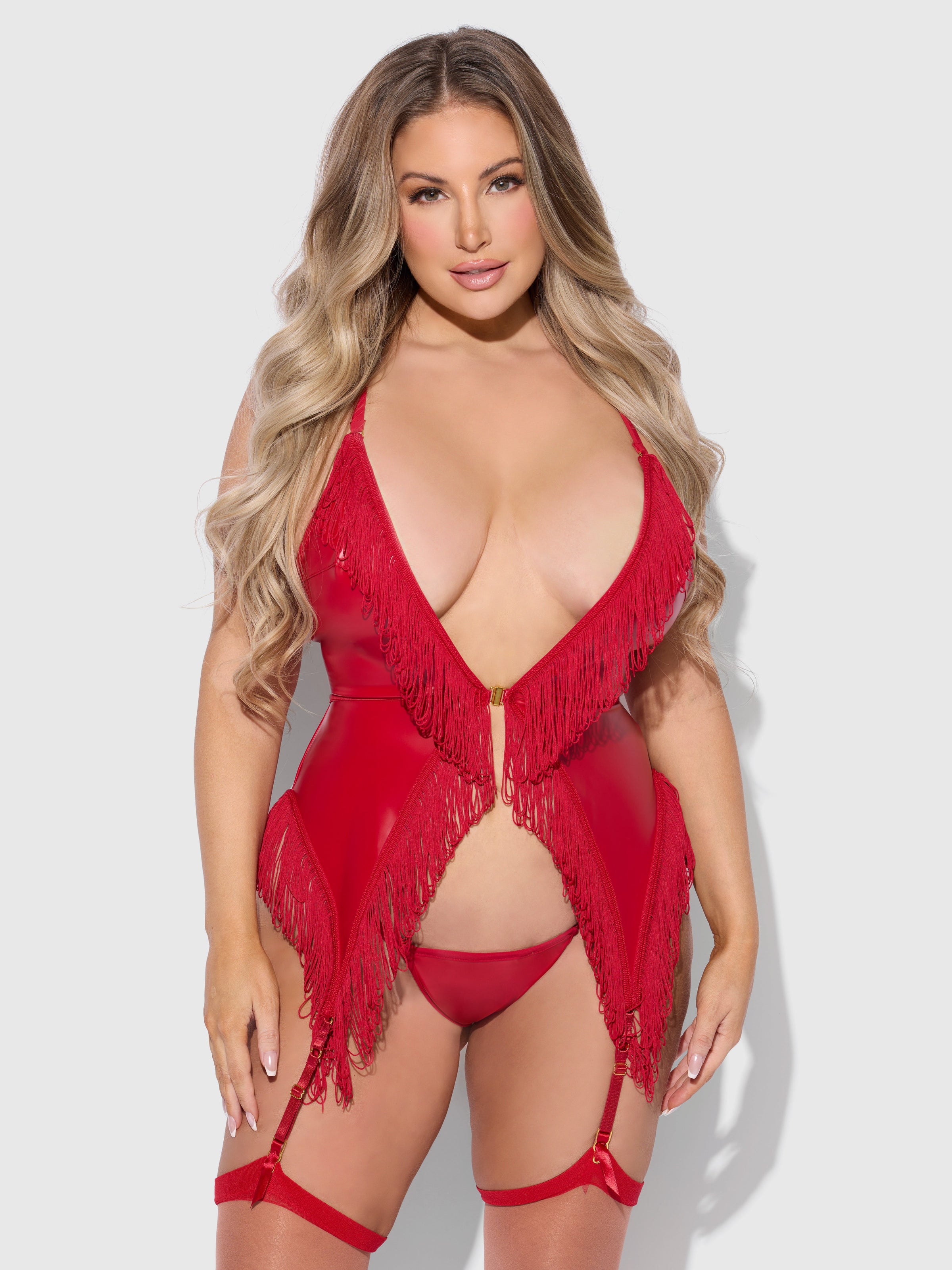 Phoenix Faux Leather & Fringe Chemise & G-String Set Crimson Red
