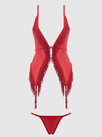 Phoenix Faux Leather & Fringe Chemise & G-String Set Crimson Red