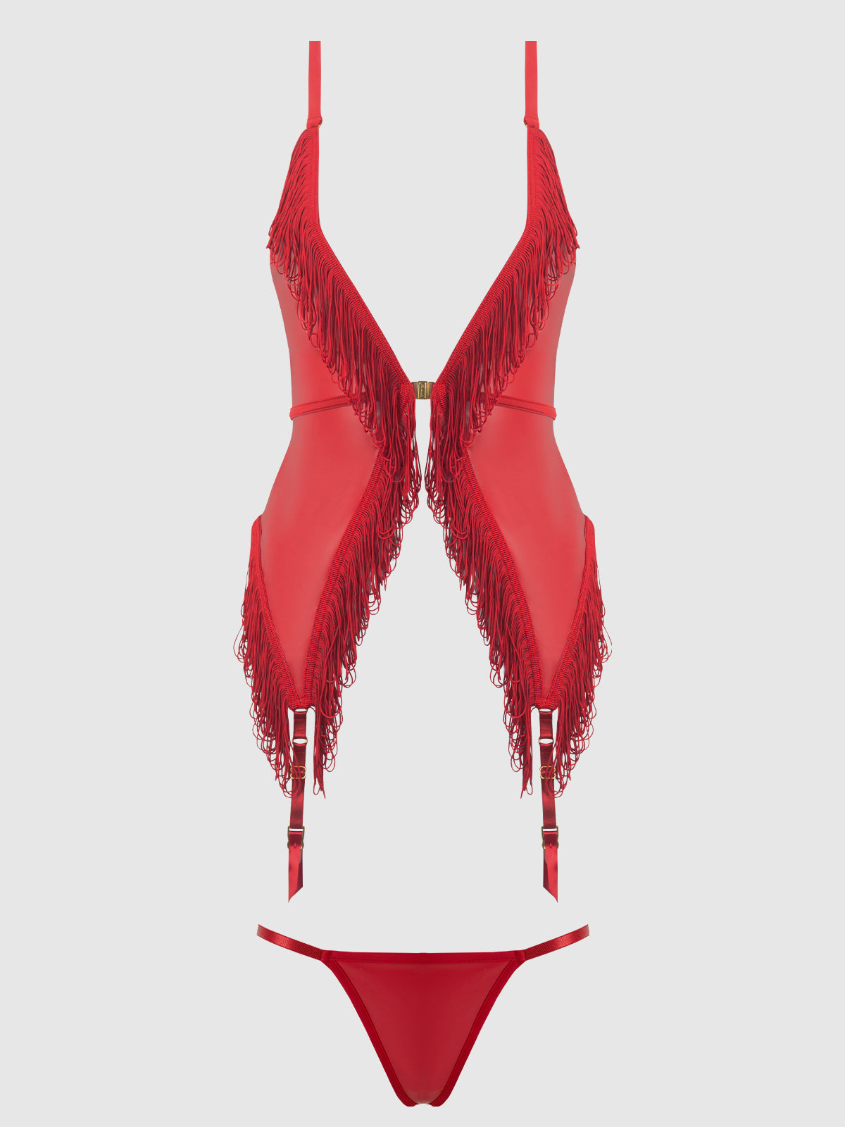 Phoenix Faux Leather & Fringe Chemise & G-String Set Crimson Red