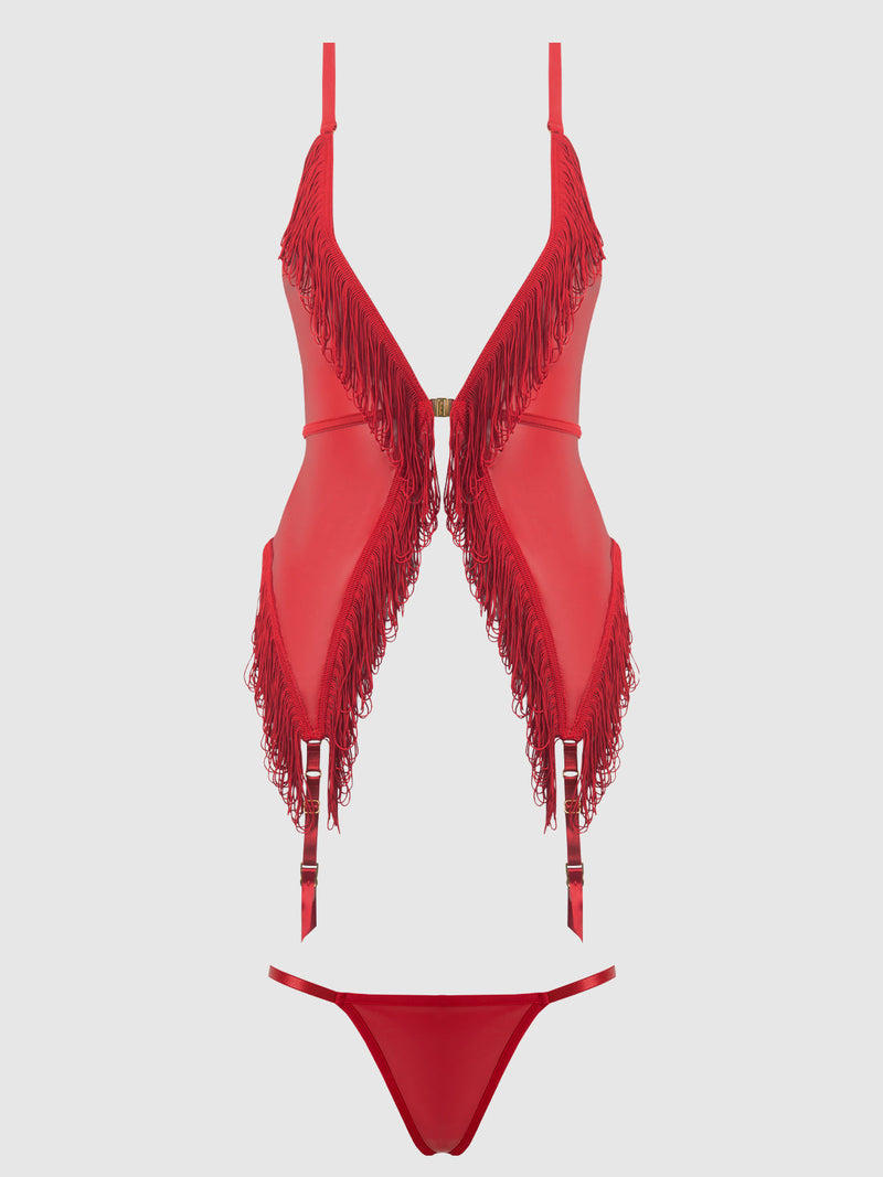 Phoenix Faux Leather & Fringe Chemise & G-String Set Crimson Red