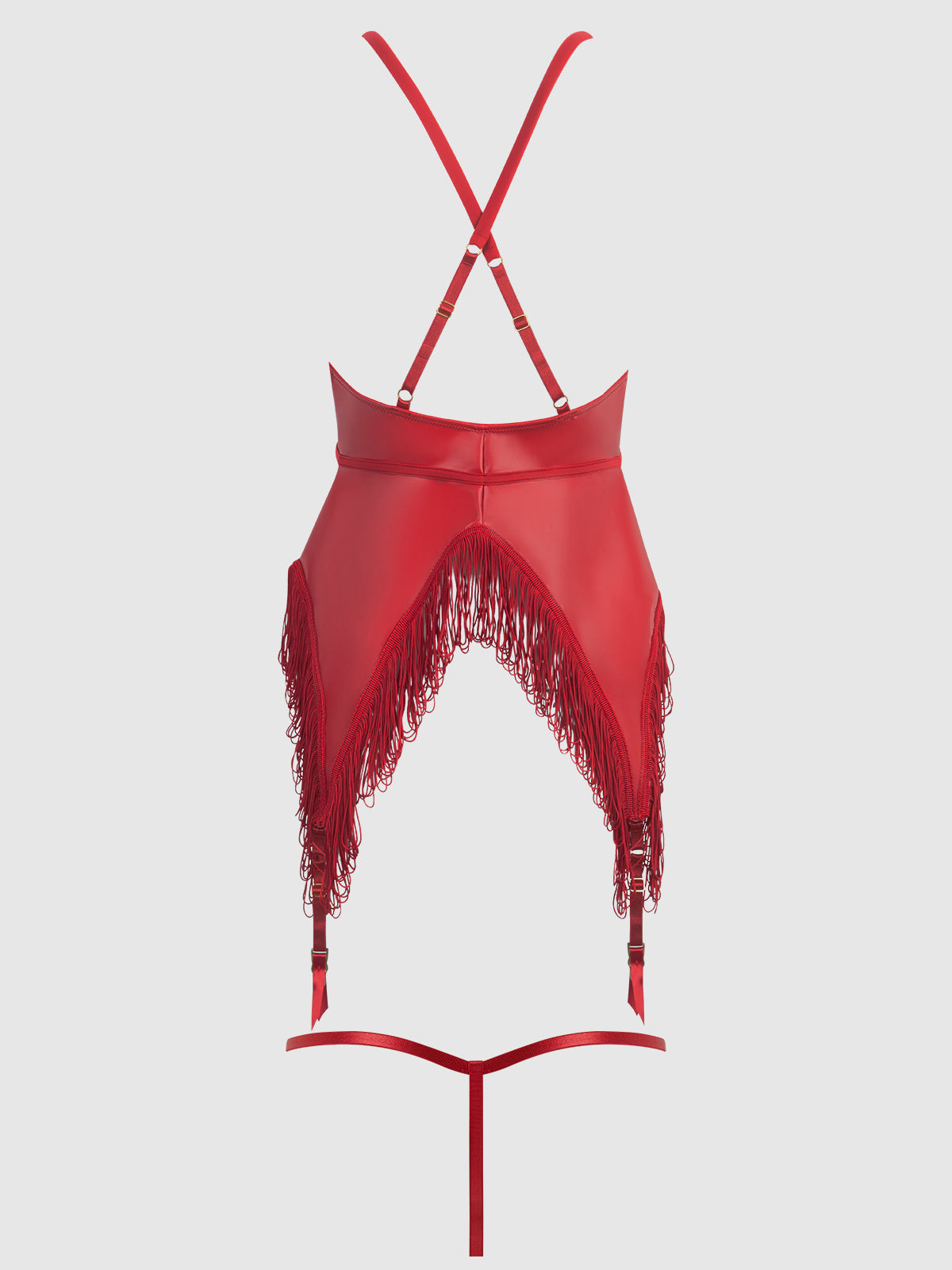 Phoenix Faux Leather & Fringe Chemise & G-String Set Crimson Red