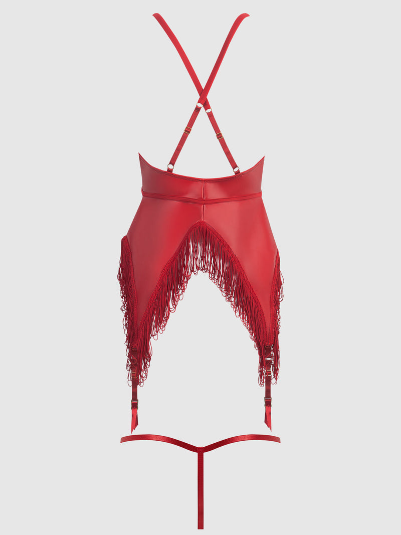 Phoenix Faux Leather & Fringe Chemise & G-String Set Crimson Red