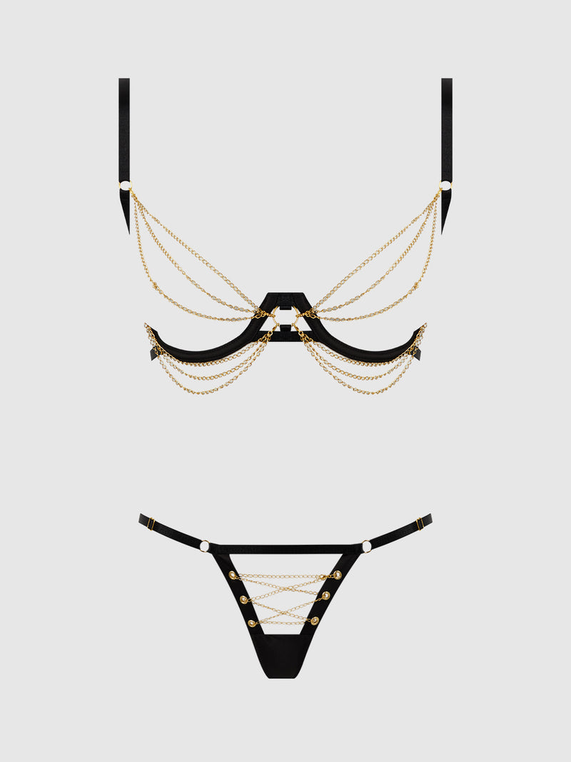 Eve Satin & Chain Open Cups Bra Set