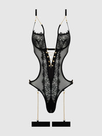 Eve Lace & Chain Crotchless Teddy with Thigh Garters