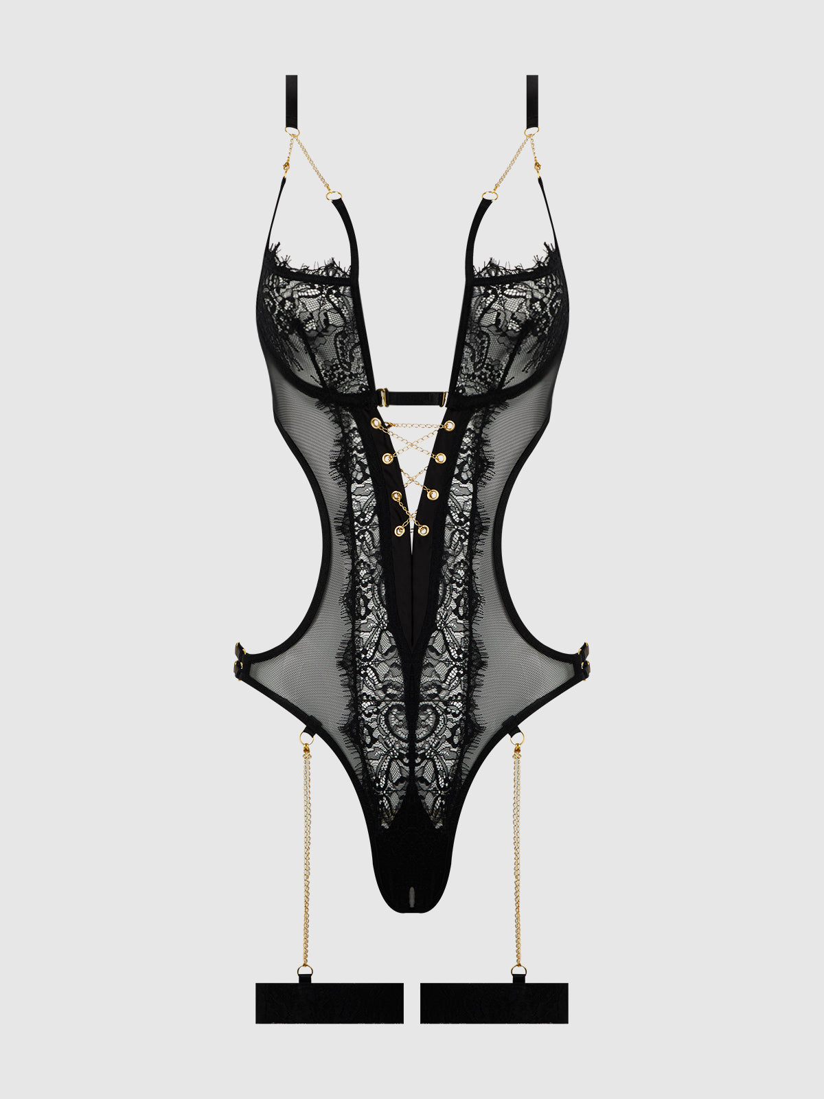 Eve Lace & Chain Crotchless Teddy with Thigh Garters
