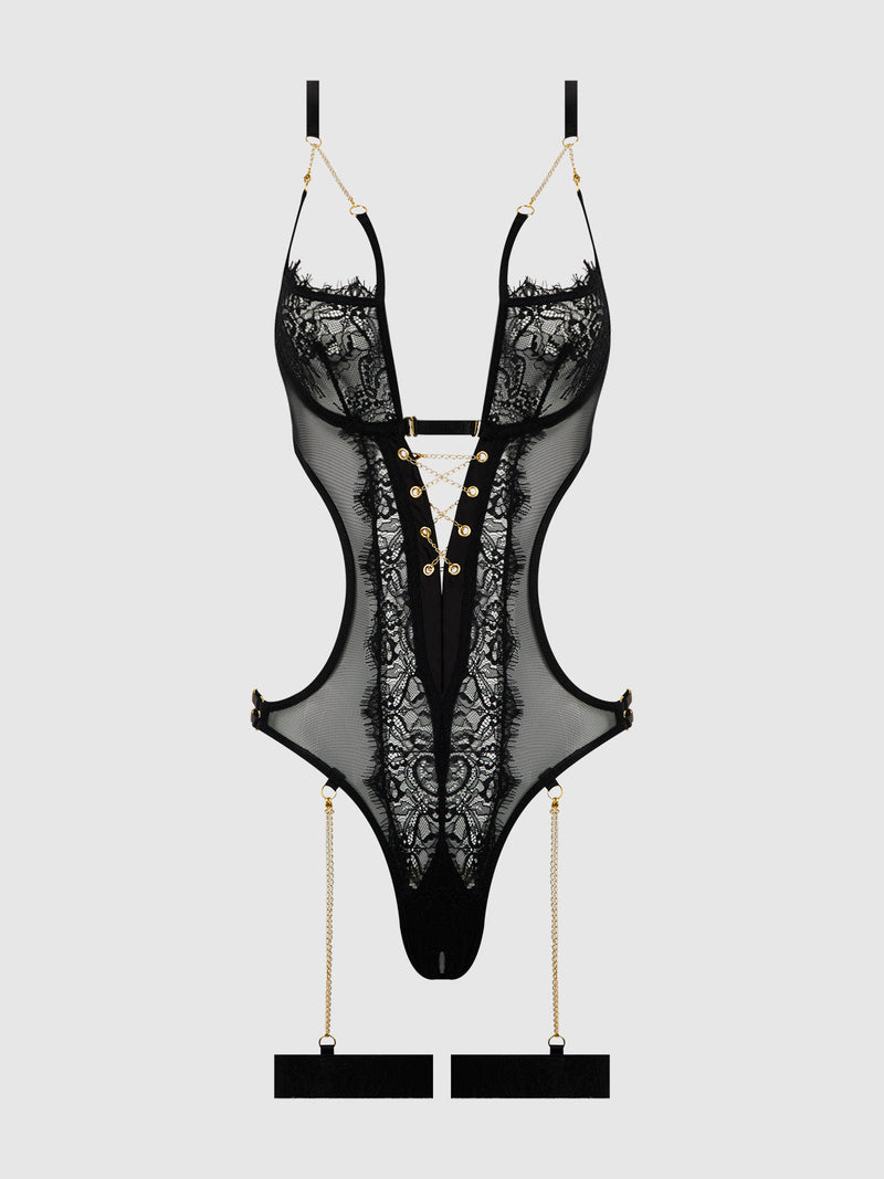 Eve Lace & Chain Crotchless Teddy with Thigh Garters