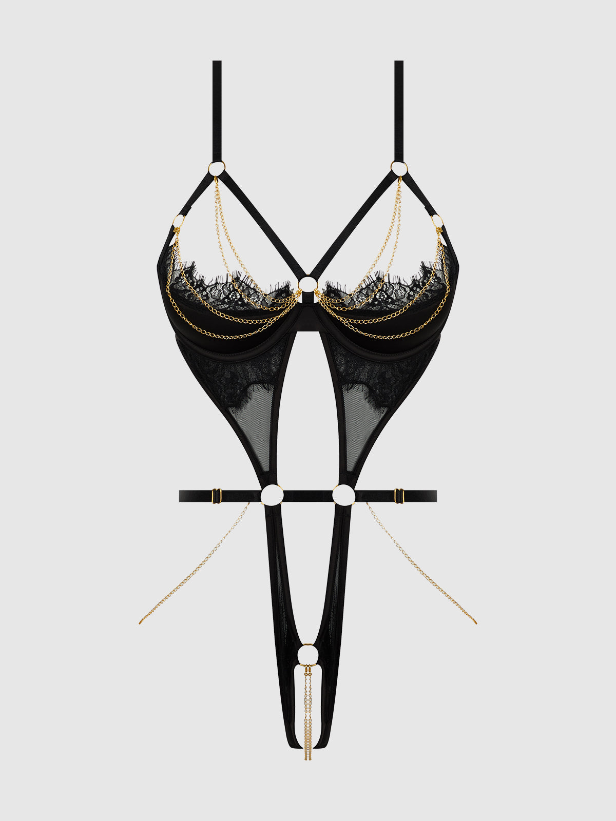 Eve Lace & Chain Open Cup Crotchless Harness Teddy