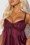 Brigeta Satin & Mesh Corsetted Babydoll Set Burgundy