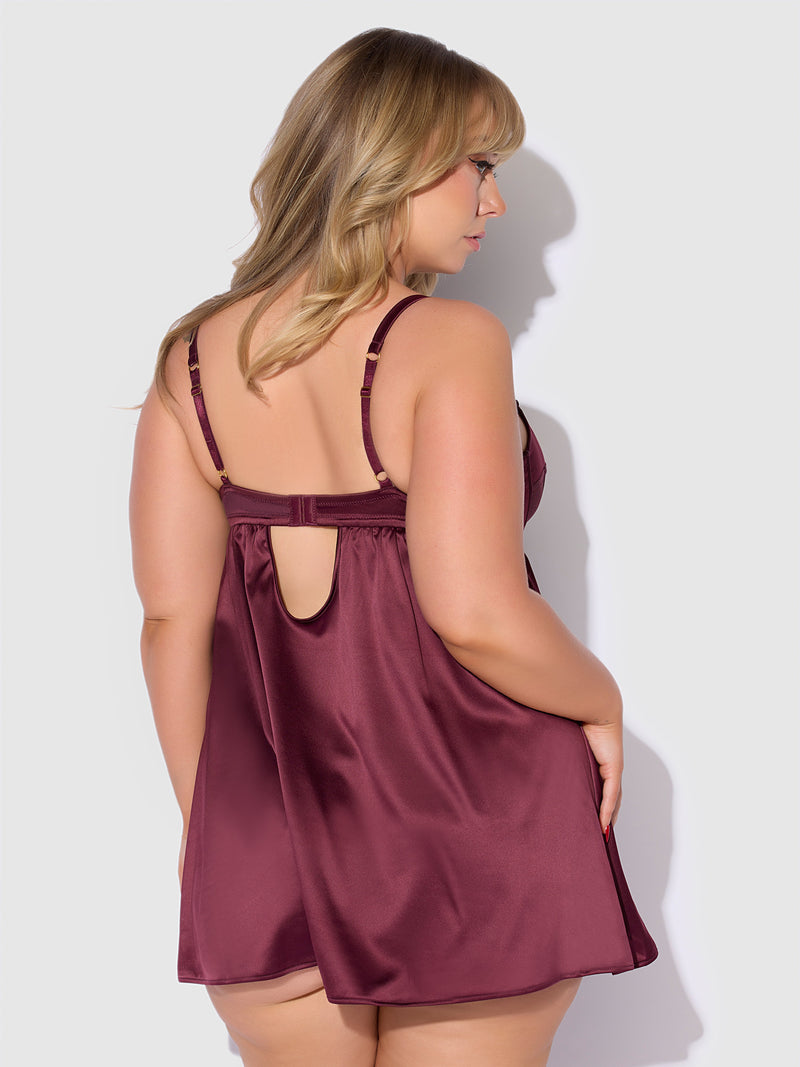 Brigeta Satin & Mesh Corsetted Babydoll Set Burgundy