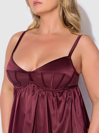 Brigeta Satin & Mesh Corsetted Babydoll Set Burgundy