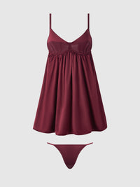 Brigeta Satin & Mesh Corsetted Babydoll Set Burgundy